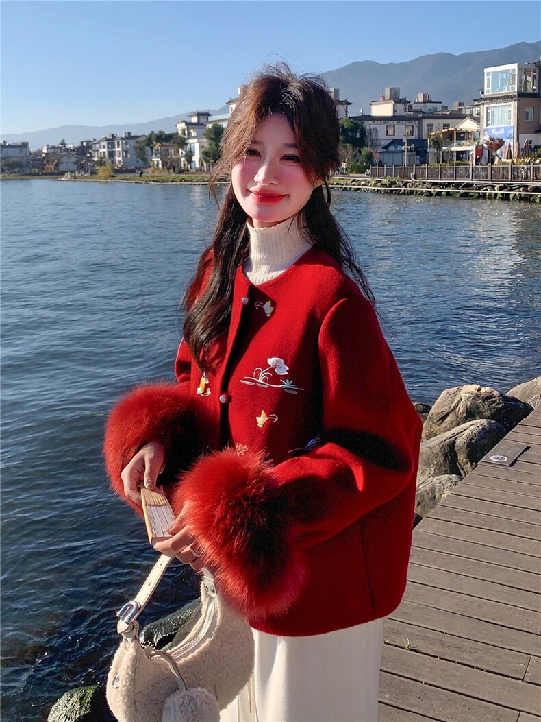 现货新款2183-P390-K596双面羊绒带袖毛狐狸毛可脱,女装双面呢大衣,韩然一族