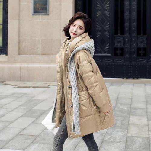 2021冬款新款两件套可拆卸羊毛针织帽90绒中长款羽绒服，女装羽绒服，红雀纺