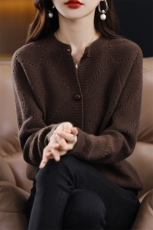秋冬100%羊毛开衫圆领菱形镂空长袖女宽松慵懒羊绒衫针织外套上衣，女装羊毛衫，琳尚羊绒