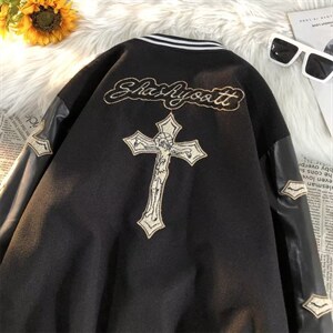 高街美式复古十字架刺绣棒球服男拼皮潮牌休闲夹克外套WT445-P60图片