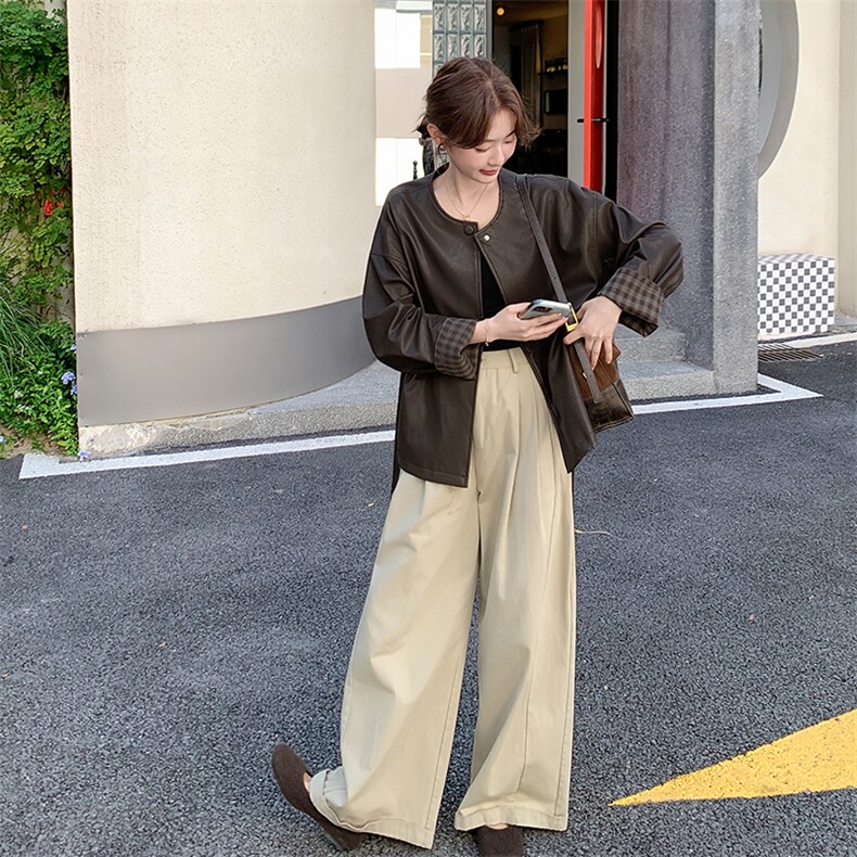 咖色复古简约PU皮衣外套女2025春秋季新款韩版显瘦小个子夹克上衣,女装皮衣,2D075