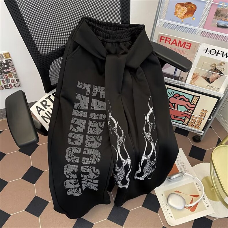 慵懒原宿时尚文艺百搭设计感印花特宽版卫裤流行新款简约潮流日系图片