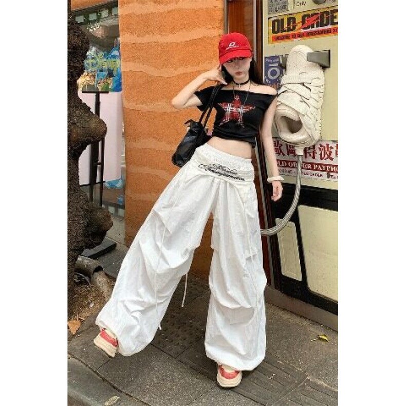 美式复古白色绑带工装休闲裤女夏季新款设计感宽松显瘦阔腿拖地裤,男装工装外套,星座601-1