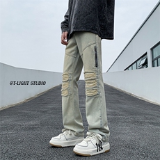 B221美式ins高街暗黑小众拉链破洞牛仔裤LK23052-P65控88，男装牛仔裤，电商B221