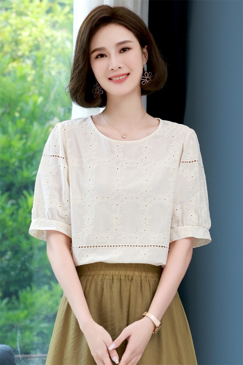 2022夏装新款舒适提花短袖上衣百搭女士套头上衣,女装衬衫,木子恋