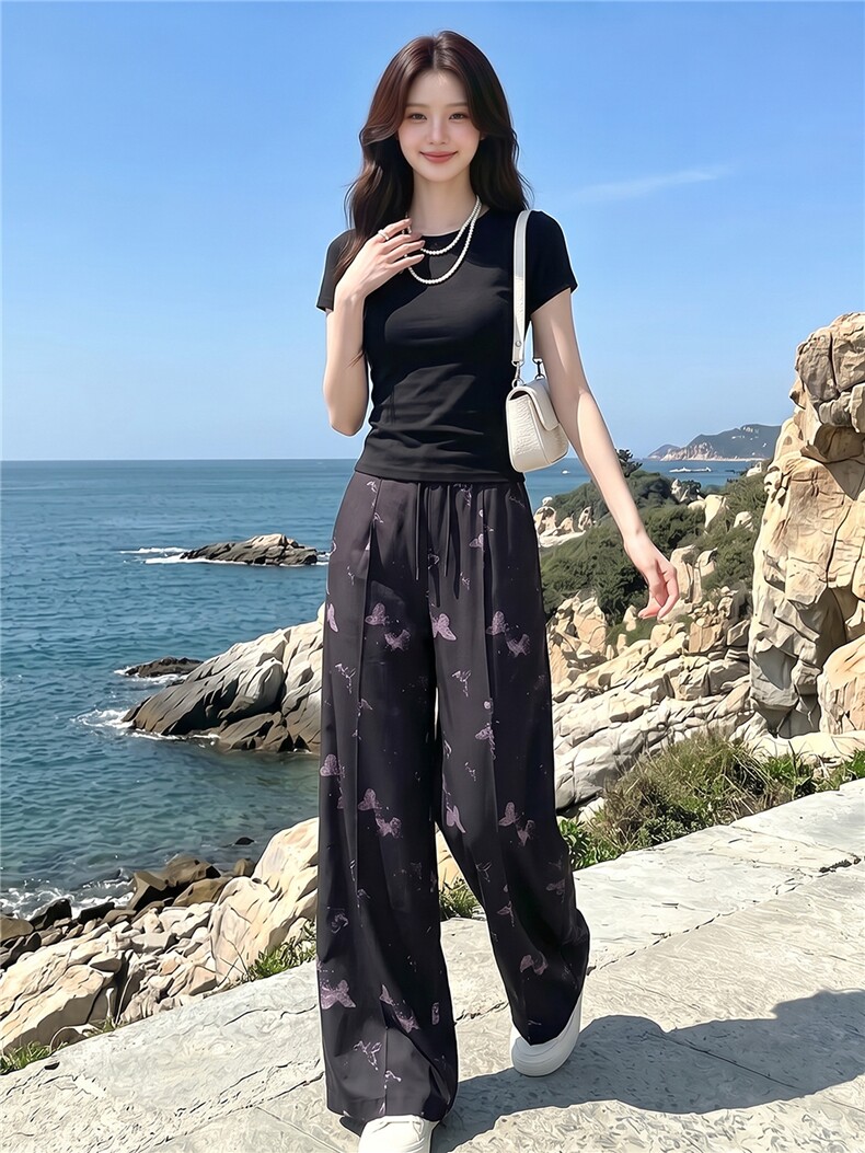 女夏季高级感休闲运动套装圆领收腰短袖阔腿蝴蝶印花长裤两件套潮,女装套装/套裙,江南
