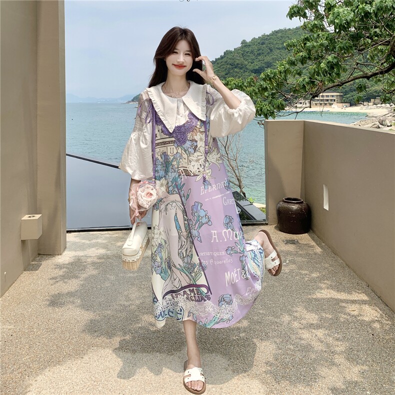 印花套装女夏季2026新款法式娃娃领衬衫蕾丝刺绣领口吊带裙两,女装连衣裙,艾米莉亚