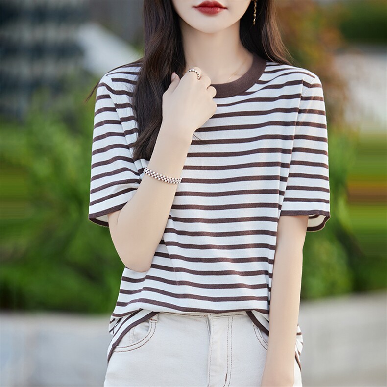夏季拼色精纺羊毛针织短袖女圆领条纹半袖T恤打底衫宽松内搭上衣,女装羊毛衫,朝贺羊绒