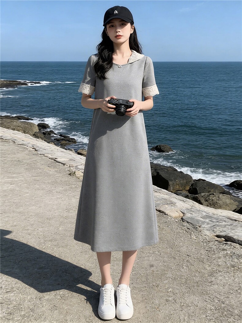 欧货时尚潮流长款连衣裙女夏新款洋气宽松蕾丝拼接连帽短袖休闲裙,女装套装/套裙,江南