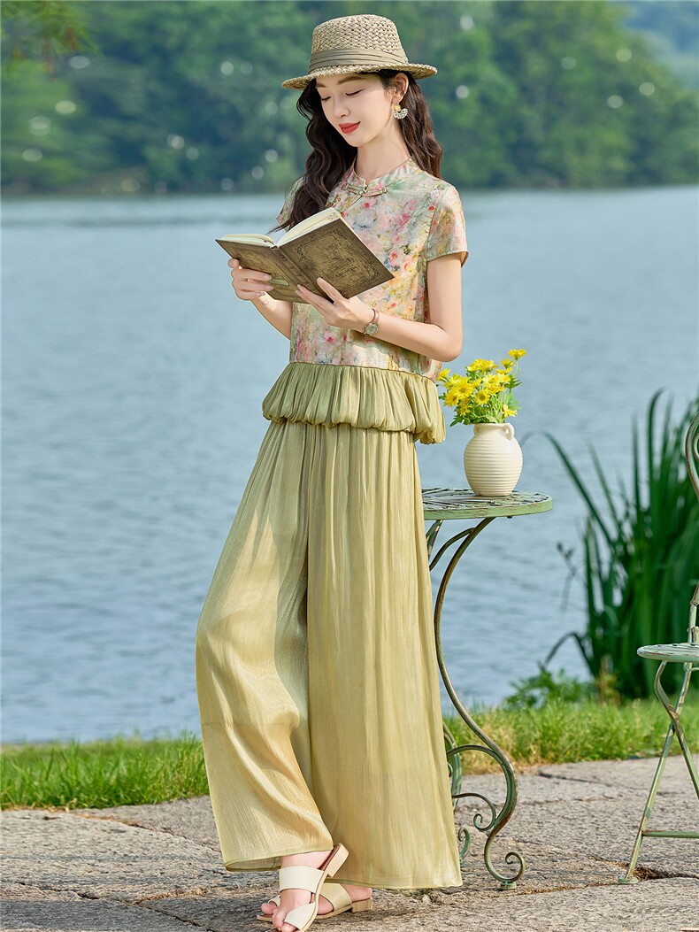 2026年夏季新款新中式印花套装女时尚小个子显瘦流光裤两件套,女装套装/套裙,众宇琦