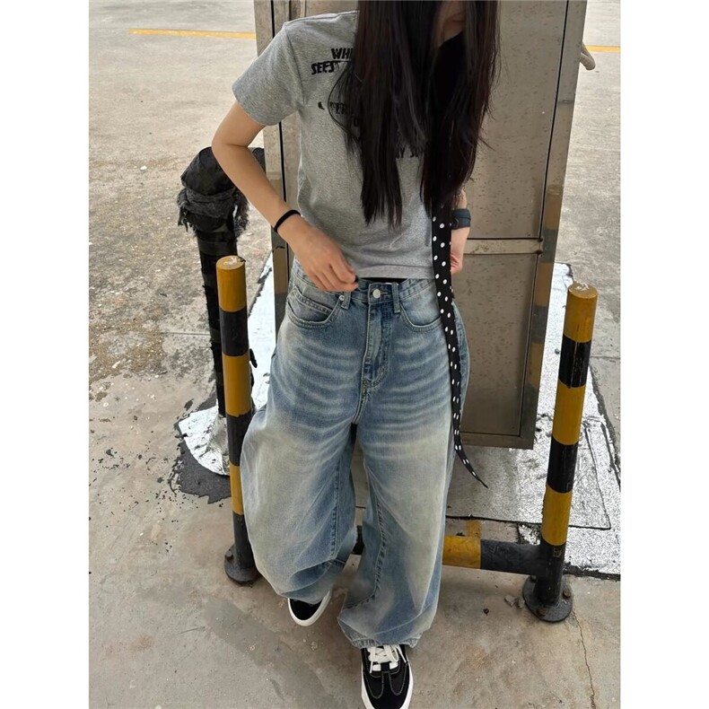美式复古猫须水洗蓝色牛仔裤男女直筒百搭宽松潮牌vintage长裤子图片