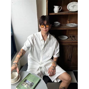 现货~夏季复古老钱风短袖衬衫男宽松休闲棉麻T恤上衣C031-特P30图片