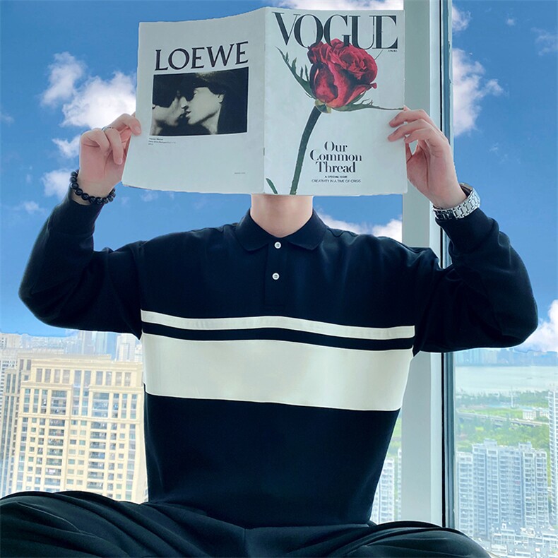 AW16/P68控98秋季社会小伙百搭条纹撞色polo领长袖卫衣男黑首,男装卫衣,星座305B-1