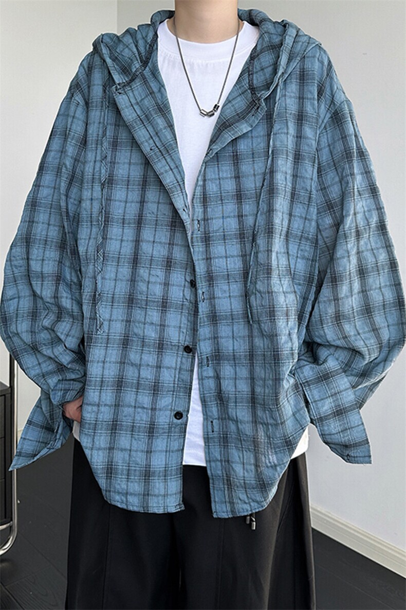 廓形防晒衬衫男夏季长袖冰丝薄款亚麻格子衬衣开衫外套CS29006P50,男装衬衫,电商B312