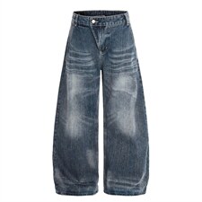 复古竹节纹水洗做旧蓝色弯刀牛仔裤男女设计美式感阔腿裤子NNZ79，男装牛仔裤，星座208-5