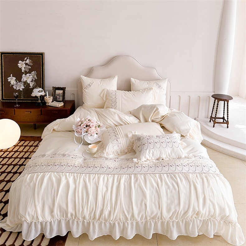 新款120支法式浪漫花卉刺绣全棉四件套--伊莎贝尔系列，床品套件，一起卖家纺