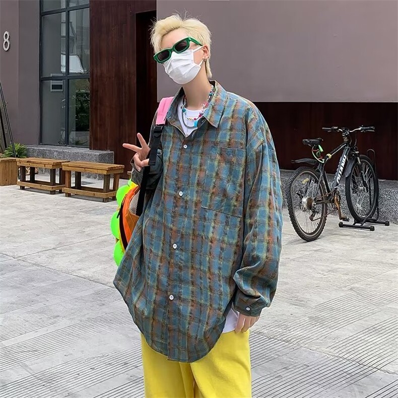 撞色百搭新款港风vibe潮牌百搭休闲翻领格子长袖衬衫-CS801,男装衬衫,星座1002-2