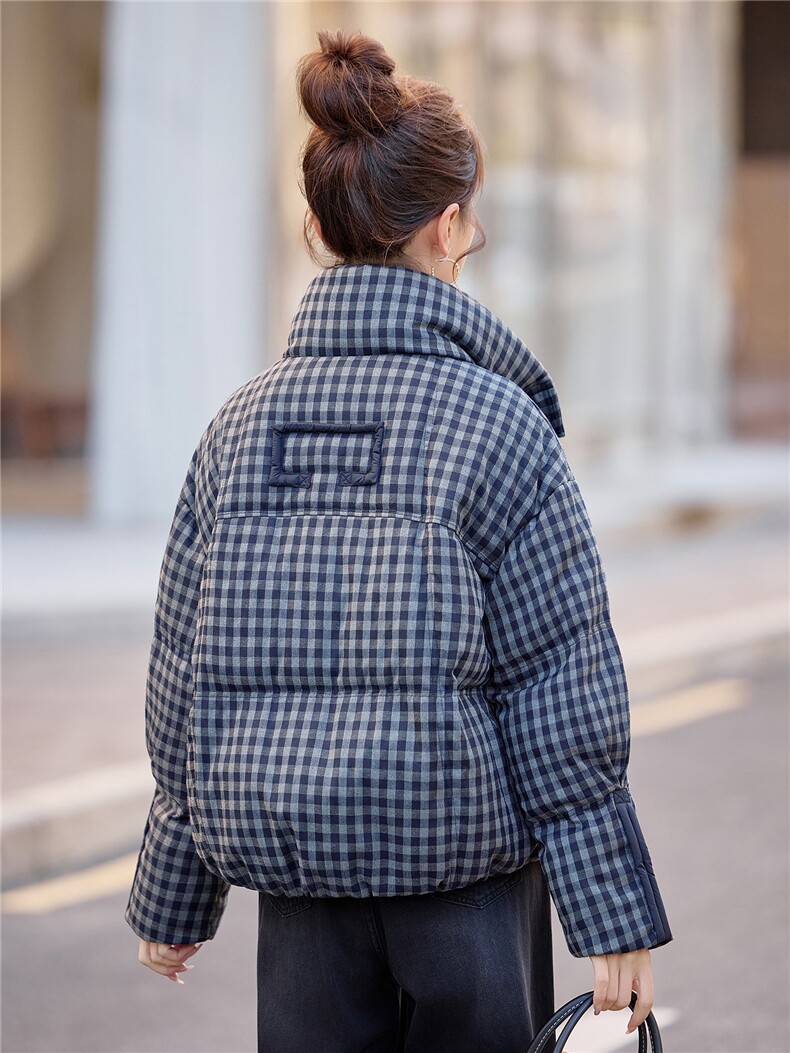 2025冬新款立领短款小格纹白鸭绒羽绒服女,女装羽绒服,余墨