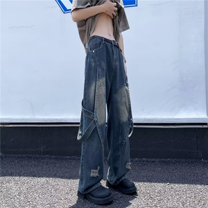 美式高街潮牌百搭直筒复古做旧水洗拼接设计飘带牛仔裤子KU01/P52图片