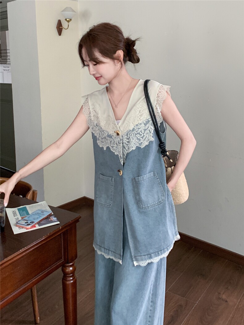 主推新款女装复古蕾丝牛仔马甲时尚套装女2218-P205-K315,女装套装/套裙,网红馆