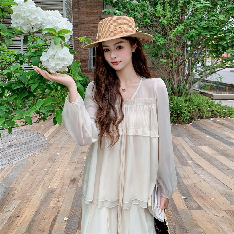 超仙时尚雪纺套装女2026春夏新款半透减龄长袖防晒阔腿裙裤两件套,女装套装/套裙,水衣源