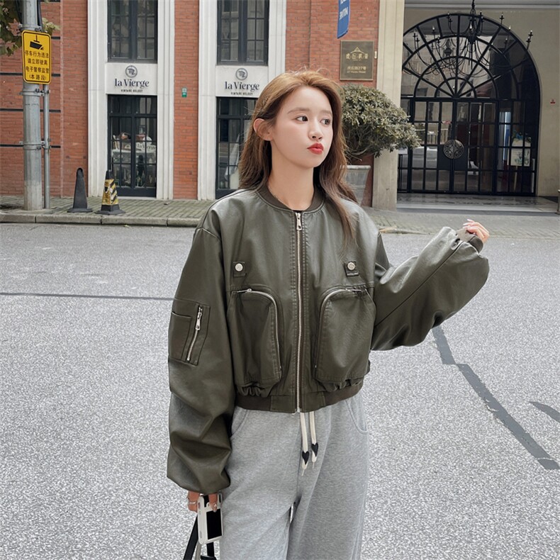 独特超好看军绿色棒球服皮衣短外套女春秋美式复古酷飒飞行员夹克,女装皮衣,帛香坊