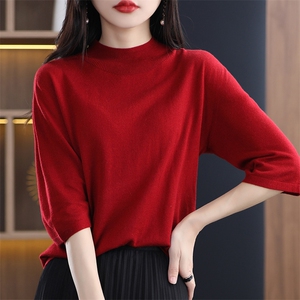 2025春季新款时尚中袖半高圆领针织T恤女宽松显瘦五分袖打底小衫图片