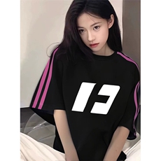 抖音得物品质二开240克宽松纯棉美式潮牌印花三条杠中性风短袖T恤，男装T恤，电商A486-1