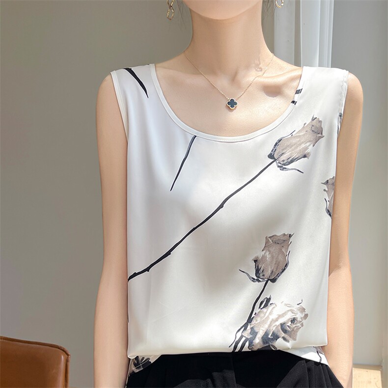 真丝吊带背心女西装内搭外穿无袖上衣夏季桑蚕丝圆领印花打底衫，女装背心吊带，朝贺羊绒
