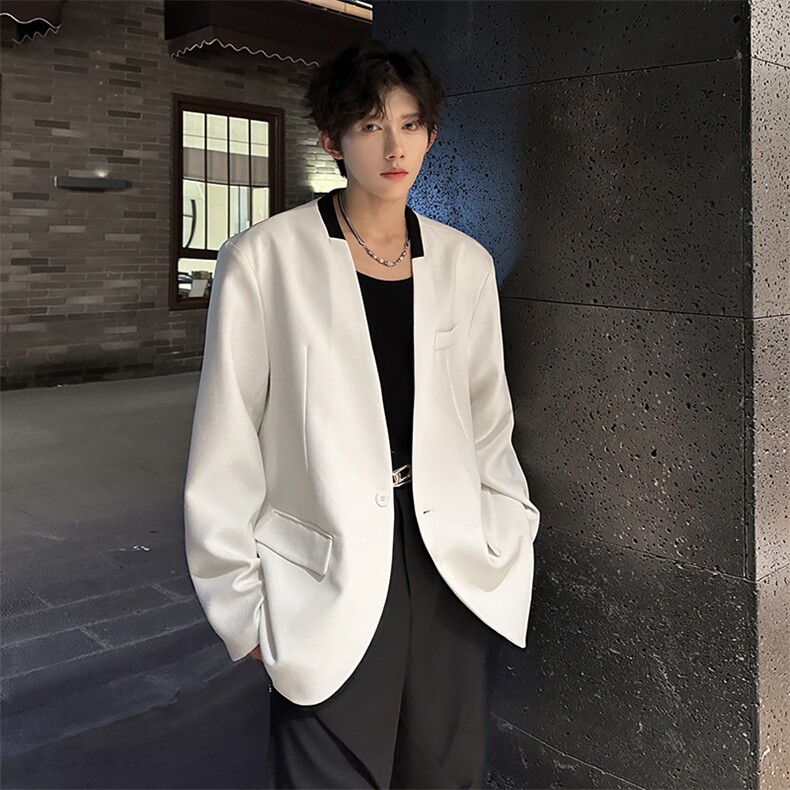 秋装简约风单排撞色无领潮男休闲小西装A071-L12-P98，男装西服，电商A071