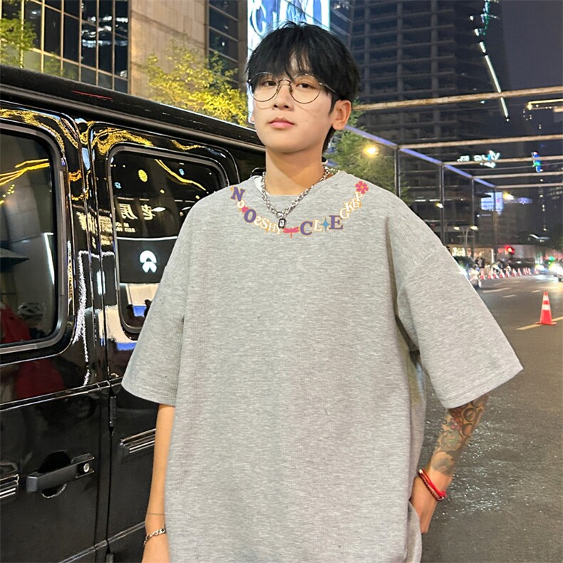胖胖哥复古潮牌字母项链印花短袖T恤男夏季圆领上衣大码宽松体恤,男装T恤,电商B371