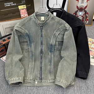重工解构拼接设计垫肩牛仔长袖外套男廓形拉链立领cleanfit夹克图片