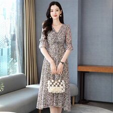 2021新款夏款小个子中长款复古V领碎花雪纺连衣裙，女装连衣裙，瑶迪依秀