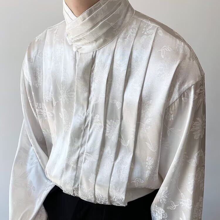 春秋改良中式缎面提花复古长袖衬衣男女珍珠扣立领小众个性衬衫男,男装衬衫,星座506A