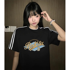 抖音得物高品质二开240克宽松纯棉美式潮牌三条杠织带短袖T恤，男装T恤，电商A486-1