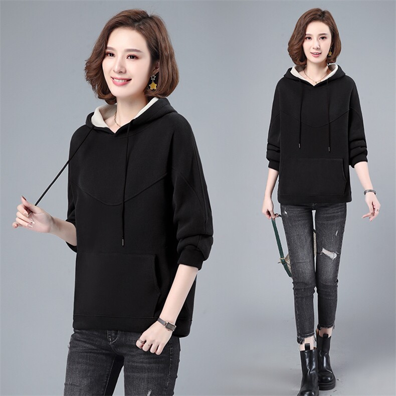 长期现货，冬季新款时尚休闲简约纯色螺纹直筒长袖加绒连帽卫衣，女装卫衣/绒衫，涵誉