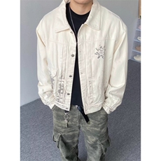 秋季新款美式做旧脏染复古翻领牛仔夹克印花宽松外套男女JK8971，男装工装外套，星座516A