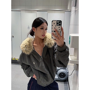 现货重磅boxy短款棉衣座山雕大毛毛领男女棉服水洗工装厚外套图片