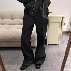 2025夏季原色牛仔裤男美式cleanfit复古拼接提花解构宽松阔腿长裤，男装牛仔裤，星座506A