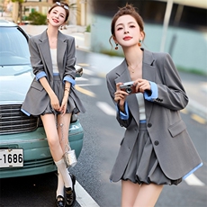 两件套2025年春季新款时尚气质拼色西装翻领套装短裤，女装套装/套裙，沁沁公主
