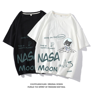 NASA联名同款亚麻短袖t恤五分袖男宽松七分袖 白底YT26187-P30图片