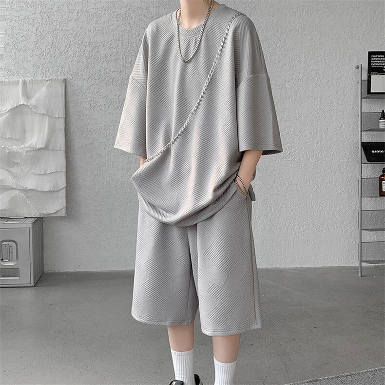 套装男夏季新品港风宽松短袖短裤一套菱形图运动装TZ0957-P45，男装休闲套装，星座214-3