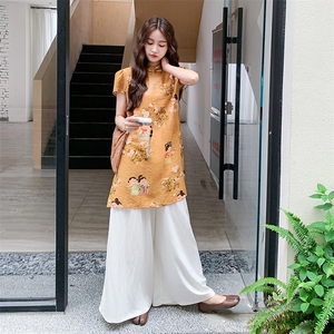 新中式复古印花改良旗袍套装女2025夏新款气质高级感阔腿裤两件套图片