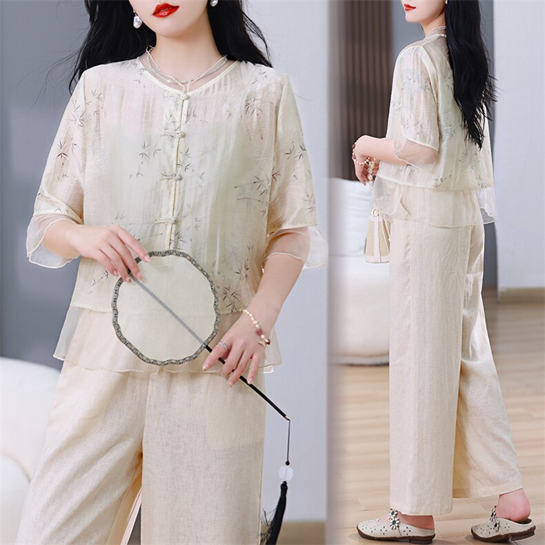 新中式衬衫女2024夏季新款高级感小衫蕾丝边盘扣中袖天丝洋气上衣，女装衬衫，阿丹