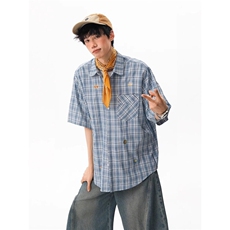 水果贴纸短袖衬衫男女夏季格子半袖宽松休闲衬衣C7017-P42，男装T恤，星座1001-1