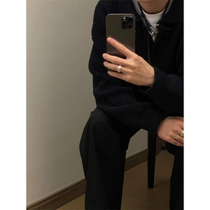 设计秋冬小V领套头复古翻领毛衣男宽松高级简约针织衫 M811图片