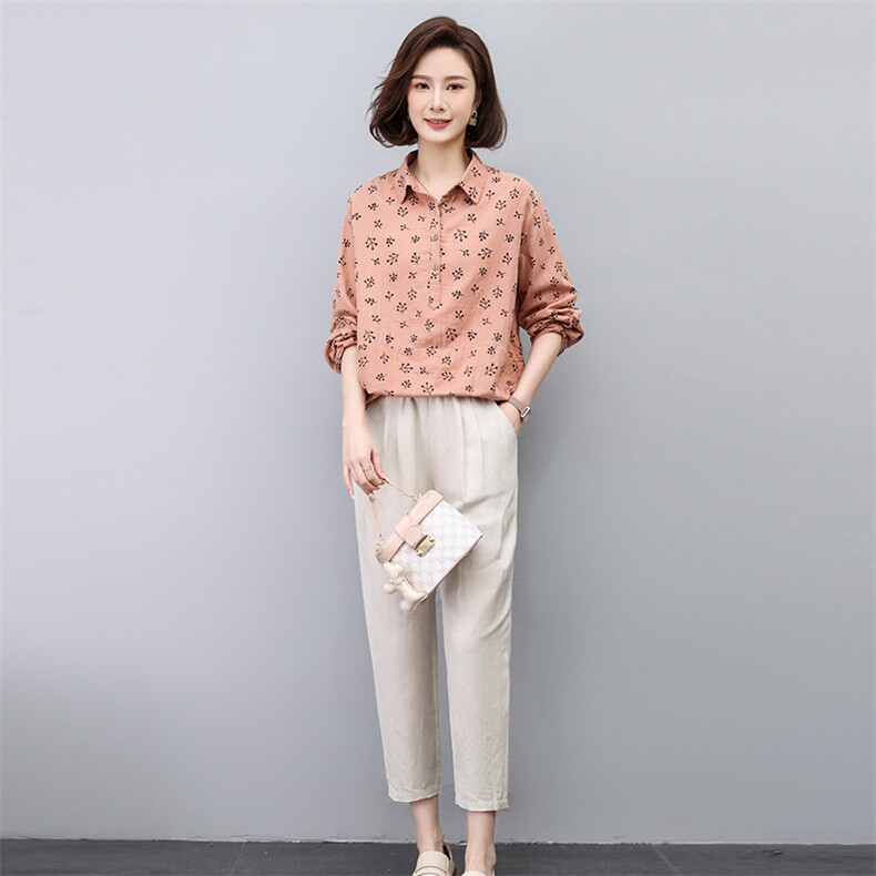 2023春季时尚简约大方气质优雅显瘦休闲潮流花色棉麻套装,女装套装/套裙,独衣靓