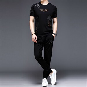 YS-X335夏季男式短袖长裤短裤三件套运动休闲套头修身T恤套装P132,男装休闲套装,电商B360