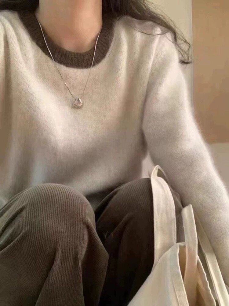 圆领羊毛衫女宽松软糯慵懒风撞色拼接套头打底衫,女装羊毛衫,思途羊绒