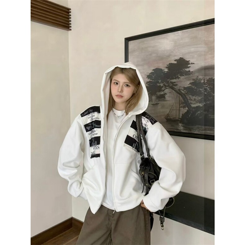 高品质春装新款美式高街潮牌解构设计休闲连帽卫衣男女慵懒风外套，女装短外套，电商A486-1